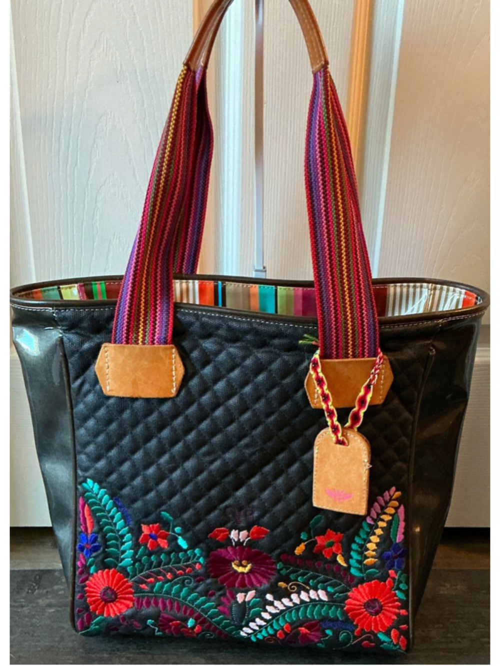 Women’s Black Quilted Embroidered Tote Bag Zip Top Multicolor Handles Striped